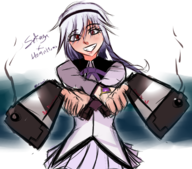 1girl artist:katsunei colored cosplay gun headband homura_akemi puella_magi_madoka_magica red_eyes sakuya_izayoi text touhou weapon white_hair // 1655x1457 // 1.7MB