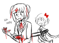 2girls artist:aipiepo blood doki_doki_literature_club! katana natsuki sayori stab sword // 550x400 // 140KB