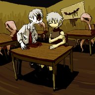 1boy 1girl artist:pantsu-ripper blood chair classroom colored desk eyes_closed kaibutsu sabitsuki sharp_teeth short_hair sitting tie white_hair // 1078x1078 // 240KB