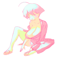 1girl ahoge colored dress huge_breasts kimono panties pantyshot sandals short_hair sitting umihara umihara_kawase wink // 1500x1500 // 609KB