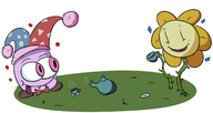 2boys black_eyes bow colored crossover cup fangs flowey hat kirby_(series) marx noolman pink_eyes tea tongue undertale // 1500x800 // 272KB