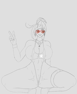 1girl action_taimanin artist:unknown emily_simmons huge_breasts necklace nipples peace_sign pussy squatting sunglasses swimsuit // 2304x2799 // 559KB