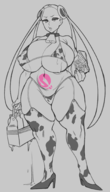 1girl animal_print artist:unknown bikini cow_print cowbell high_heels huge_breasts lactation milk milk_bottle plumeria pokemon thick thigh_highs twintails womb_tattoo // 1175x2045 // 910KB