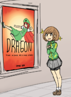 2girls artist:triggerdex brown_eyes brown_hair chie_satonaka colored hong_meiling persona persona_(series) persona_4 poster shin_megami_tensei short_hair skirt spats text touhou // 567x772 // 357KB