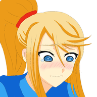 1girl blonde_hair blue_eyes bluescribbleman blush colored metroid parody ponytail samus_aran tears // 2000x2000 // 571KB