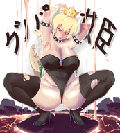 1girl armpit background blonde_hair bowser bracelet collar colored earrings fangs genderbend high_heels horns lava lipstick personification pink_eyes ponytail princess_bowser rule_63 shell super_crown super_mario // 2530x2805 // 3.6MB