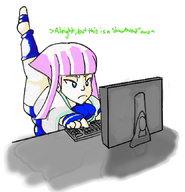 1girl artist:chrisfantasy blue_eyes computer manon meta pink_hair solo standing_split street_fighter text typing // 832x864 // 115KB