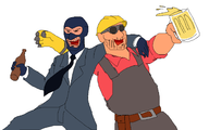 2boys artist:gusgux beer bottle drunk engineer gloves goggles happy helmet mask mug overalls spy suit team_fortress_2 tie // 1600x1000 // 49KB