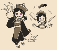 1girl artist:mateus_upd ashley Ashley_Graves breasts cleavage cleaver cosplay darkstalkers gun hat hsien-ko juggling knife looking_at_viewer purple_eyes the_coffin_of_andy_and_leyley weapon // 928x825 // 292KB