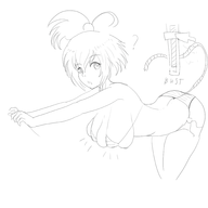 1girl alternate_breast_size artist:frequencyblue bent_over bikini bombergirl bomberman_(series) breast_expansion bursting_breasts ponytail shiro side_ponytail sketch text // 3000x3000 // 844KB