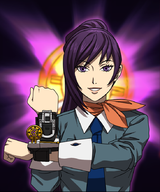 1girl background colored eriko_kirishima persona persona_(series) persona_2 ponytail pose power_rangers purple_eyes purple_hair sentai shin_megami_tensei tie // 731x876 // 494KB