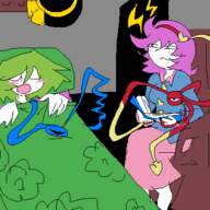 2girls artist:2hufag bed book koishi_komeiji pink_hair satori_komeiji sleeping touhou // 400x400 // 26KB