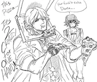 artist:baalbuddy dante devil_may_cry lady_(devil_may_cry) monochrome pizza pizza_box text // 935x800 // 352KB