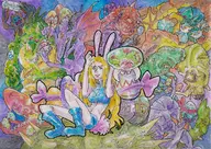 1girl 2019_easter_collab artist:clm blonde_hair blue_eyes boots botwoon bow bunny_ears collab colored crocomire dachora draygon easter easter_collab easter_egg etecoon kraid long_hair metroid metroid_(species) mother_brain phantoon ridley // 1339x950 // 847KB