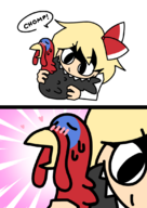 1girl animal black_eyes blonde_hair blush bow colored comic hearts rumia sharp_teeth short_hair speech_bubble text touhou turkey // 781x1105 // 268KB