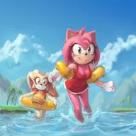 2girls amy_rose artist:kujalla beach cream_the_rabbit pool_float sonic_(series) swimsuit // 2000x2000 // 2.7MB