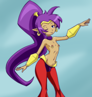 1boy artist:sufan blue_eyes bulge colored earrings genderbend long_hair looking_at_viewer nipple_piercings piercings ponytail purple_hair rule_63 shantae shantae_(series) smile wayforward wink // 1520x1600 // 872KB