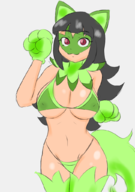 1girl artist:unknown bikini breasts cat_ears colored console-tan cosplay huge_breasts looking_at_viewer nintendo_switch paws personification pokemon sprigatito switch-tan tail thigh_highs // 720x1024 // 304KB