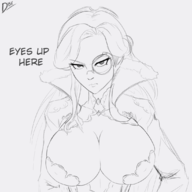 1girl angry artist:diskette cleavage god_eater god_eater_3 hilda_henriquez looking_at_viewer monocle sketch text // 1100x1100 // 379KB