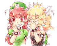 2girls blonde_hair bowser bowser_peach bracelet collar colored crown dress earrings genderbend hat laughing laughing_girls long_hair parody peach ponytail possession princess_bowser princess_peach reaction_image red_eyes red_hair // 749x600 // 408KB