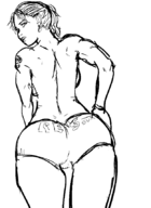 1girl ass back black earrings from_behind hand_on_hips looking_over_shoulder monochrome no_pants panties pantsu resident_evil resident_evil_5 sheva_alomar sideboob sketch tattoos topless underwear // 624x858 // 42KB