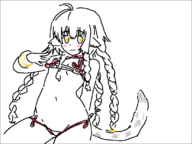 1girl ahoge anju_(utawarerumono) areola areola_slip artist:2x bikini blush bracelet braids heart_pupils micro_bikini solo tail utawarerumono yellow_eyes // 800x600 // 27KB