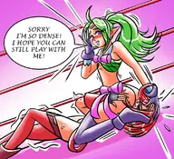 2girls artist:juju facesitting fire_emblem green_hair nowi ponytail pyra red_hair sweater text wrestling xenoblade xenoblade_chronicles_2 // 800x731 // 440KB