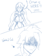 1boy 1girl fate_(series) fate_grand_order fujimaru_ritsuka monochrome orion pale_skin short_hair sketch text // 666x875 // 186KB