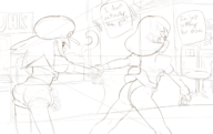 2girls ? artist:rommi ass hand_holding lesbian mega_man_(series) monochrome question_mark roll_caskett sketch text tron_bonne wedgie yuri // 2253x1420 // 1.3MB