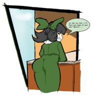 1girl artist:esao303 ass black_hair olivia_mann ribbon team_fortress_2 text yellow_eyes // 714x735 // 75KB