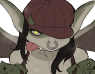 artist:unknown bedroom_eyes colored cropped deadlock drool drooling ears eyelashes gargoyle hat horn ivy nose_ring ring saliva sexy suspenders tongue tongue_out valve // 700x547 // 552KB