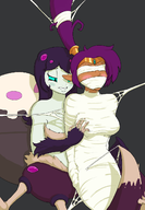 2girls artist:harrace black_eyes blindfold blush bondage bonelegs colored dark_skin long_hair monster_girl pointy_ears ponytail purple_hair shantae shantae_(series) spider_girl tied wayforward web yuri // 928x1337 // 454KB
