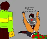 1girl 2boys artist:unknown breasts colored deltarune fist grabbing imminent_rape imminent_sex kris leg_grab legs_up medium_breasts noelle_holiday panties skirt soul_(deltarune) text vessel // 1024x850 // 69KB