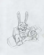 1boy 1girl artist:venom bed five_nights_at_freddy's monochrome on_bed plushtrap sketch traditional_medium vanny // 1908x2384 // 791KB