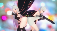 2girls 3d airy anne artist:witchanon ass ass_to_ass blue_eyes boots bravely_default butt_bump colored gloves grey_hair koikatsu! long_hair peace_sign pointy_ears smile smug wings // 1914x1052 // 1.5MB
