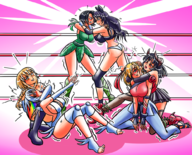 6girls aishi anime artist:juju black_hair blake_belladonna blonde_hair blue_eyes braid choke_hold choking eliza fangs fighting fingerless_gloves flower gym_clothes high_heels horns huge_breasts kill_la_kill kiryuuin_ragyou knee_pads leg_lock leotard lidia_sobieska lipstick long_hair Medusa_Gorgon multicolored_hair rainbow_hair red_eyes ribbon rwby samurai_jack scar sideboob skirt smile soul_eater sports_bra tekken thigh_highs white_hair wip wrestling wrestling_ring yellow_eyes // 1000x809 // 912KB