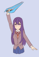 1girl blush colored doki_doki_literature_club! halo long_hair purple_eyes purple_hair school_uniform skirt smile tie uniform yuri_(ddlc) // 1500x2200 // 621KB