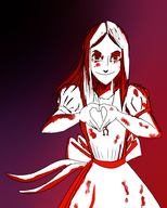 1girl alice_(series) alice_liddell blood creepy female heart_hands monochrome smile yandere // 800x1000 // 330KB