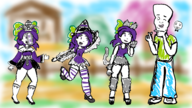 1boy 3girls alternate_costume artist:runebrave artstyle_imitation casual_clothes colored farmer halloween jas jiangshi simple_background smile smiling standing stardew_valley waving werewolf wink witch // 1920x1080 // 2.1MB