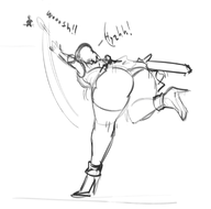 1girl artist:tfwtemporaryname ass bending_over bent_leg bent_over breasts cassandra_alexandra frisbee high_heels huge_ass monochrome panties shield sketch skirt soulcalibur sword text throwing upskirt wepon // 1727x1708 // 816KB