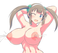 1girl arms_behind_head artist:jadf breasts colored huge_breasts lactation milk minori nude senran_kagura // 2381x2160 // 1.5MB