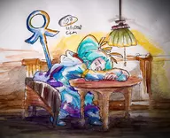 1girl artist:clm background blue_hair chair colored golden_sun happy light long_hair mia sitting sleep smile staff table traditional_medium // 1171x950 // 714KB