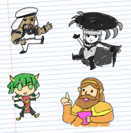 2boys 2girls abyssal artist:diskette brown_hair capcom cd-i cup draco_centauros green_eyes green_hair grey_hair horns kantai_collection king_harkinian link_the_faces_of_evil long_hair nintendo pointy_ears puyo_puyo rashid // 1918x1942 // 1.5MB