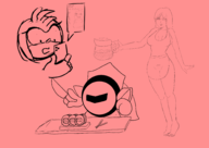 1boy 2girls amy_rose apron artist:unknown cellphone coffee elena kirby_(series) knife meta_knight sonic_(series) star_ocean sushi // 2000x1414 // 471KB