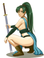 1girl artist:aikun2012 boots bottomless colored fire_emblem green_eyes green_hair kneeling lyn ponytail sideboob sword weapon // 1020x1320 // 743KB