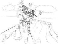 1girl animal_ears artist:unknown butterfly cloud dark_cloud fairy monochrome net river tail waterfall xiao // 2819x2108 // 981KB