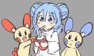 1girl artist:floors blue_eyes blue_hair drink drinking hair_bun minun plusle pokemon soda tagme // 764x457 // 257KB