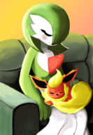 1girl artist:anttard115 blush couch cute eyes_closed feral flareon gardevoir on_lap pokemon resting sitting // 4976x7200 // 3.6MB