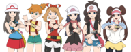 6girls artist:unknown black_hair blue_eyes brown_eyes brown_hair colored dawn hat hilda leaf long_hair may misty orange_hair pokemon pokemon_bw pokemon_bw2 pokemon_dppt pokemon_frlg pokemon_oras pokemon_rby ribbon rosa sentai short_hair shorts smile // 2970x1173 // 1.6MB