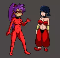 2girls artist:goseb90 cosplay marinette_dupain-cheng miraculous_ladybug outfit_swap shantae shantae_(series) // 753x736 // 262KB